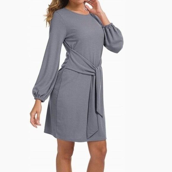 R Vivimos Gray Elegant Boho Vintage Tie Waist Mini Club Evening Party Dress M - Picture 10 of 11